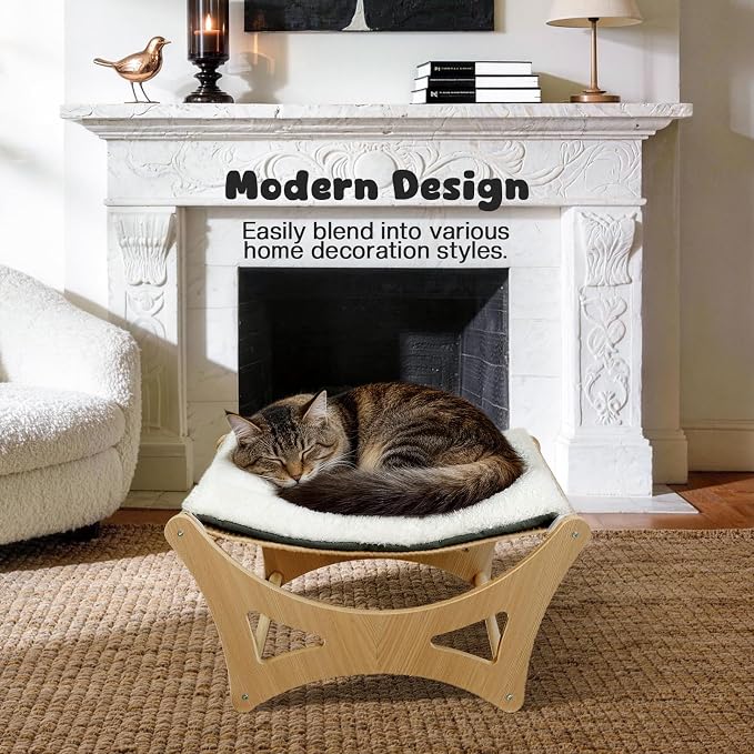 Cat Hammock Bed, Wooden Elevated Cat Beds with Natural Sisal Scratching Mat, Cats Scratcher Bed with Removable Soft Cushion, Cats Scratching Beds with Wood Frames, 22" L x 17.7" W - Image 6