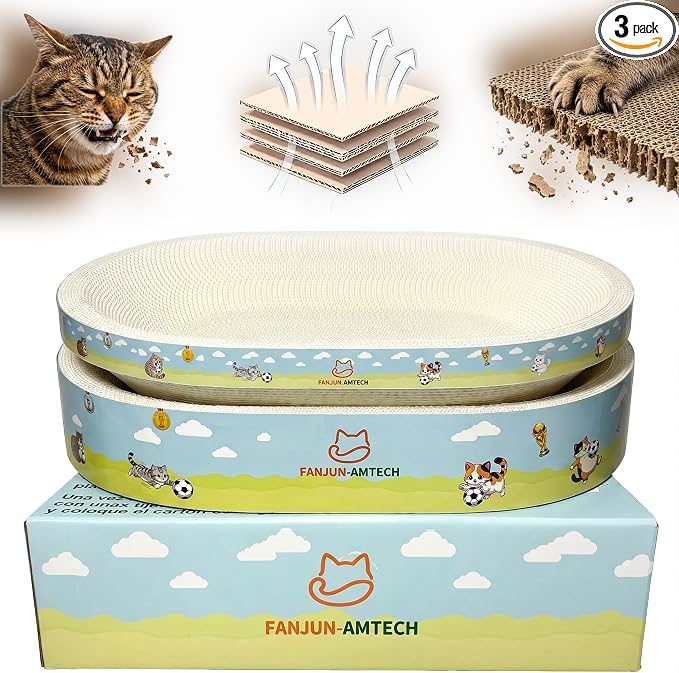 3PCS White Cat Scratcher Cardboard Lounge Bed, Mess-Free High-Density Oval Cat Scratching Pad for Indoor Cats, Sports Soccer Style Cat Scratcher Bowl Nest for Large Cats and Kittens (M) by FANJUN-AMTECH