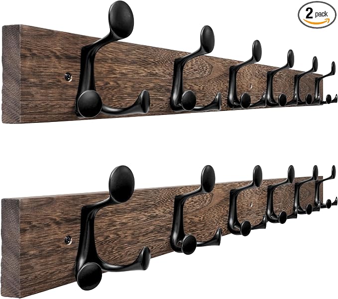 SKOLOO 36-Inch Wood Burnt Coat Rack Wall Mount with 6 Triple Hooks - Ideal for Family Entrances, Classrooms, and Pet Supplies Storage - Perfect Coat Hooks for Wall, Pack of 2 by SKOLOO