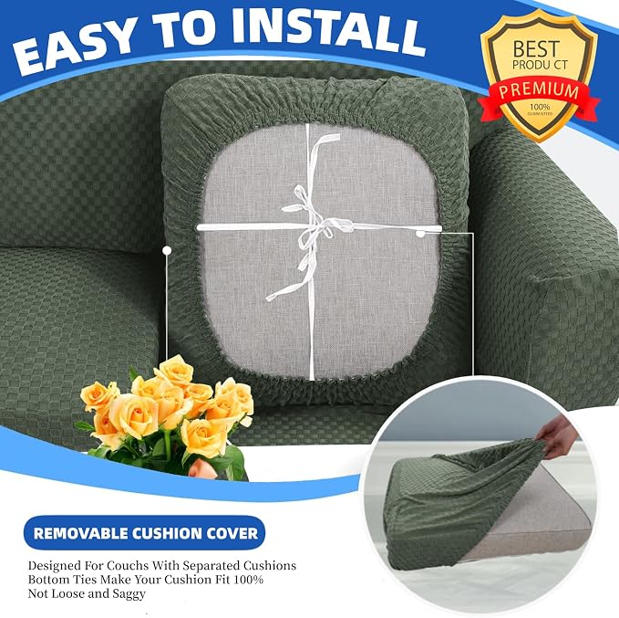 YEMYHOM Stretch Individual Cushion Covers Sofa Chair Seat Cushion Slipcovers Soft Couch Cover Replacement Large Checkered Furniture Protector with Elastic Bottom (1 Pc Cushion Cover, Army Green) - Image 4