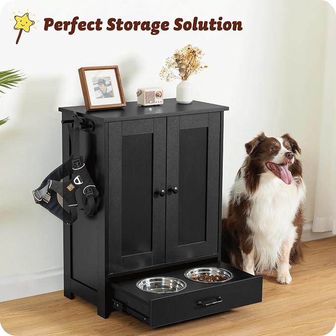 ALINE FURNITURE Dog Feeding Station with Storage Cabinet and 2 Elevated Dog Bowls, Hidden Pet Feeder Station Wood, Dog & Cat Storage Organizer, Black - Image 3