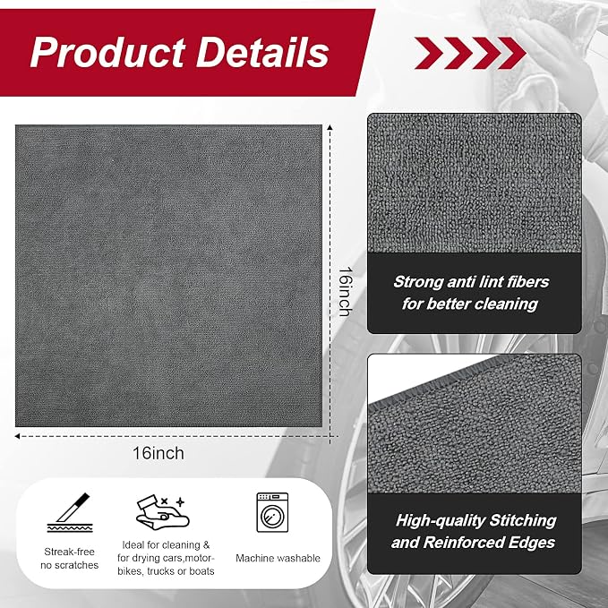 Oudain 300 Pcs Microfiber Cleaning Cloth 16x16 Inch Microfiber Towels for Car Ultra Absorbent Cleaning Rags Reusable Lint Free Streak Free Detailing Towel for Car Washing Drying Dusting (Gray) - Image 2