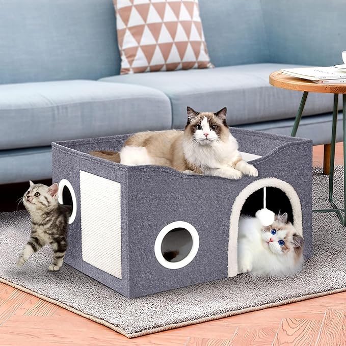 Heeyoo Cat House for Indoor Cats - Large Cat Bed Cave with Fluffy Ball and Scratch Pad, Foldable Cats Houses & Condos, Cat Hideaway, Covered Kitty Bed for Multi Small Large Kitty, 23.8x15.9x13.2 Inch - Image 7