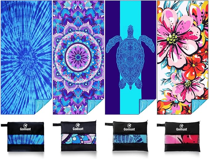 Microfiber Beach Towel Oversized 71x32 Multiple with Bag 4 Pack Bulk | Thin Lightweight Sand Free Absorbent Quick Dry Large for Travel Pool Swim Bath Cruise Sports Camping Essentials Adults Gifts by Gomust