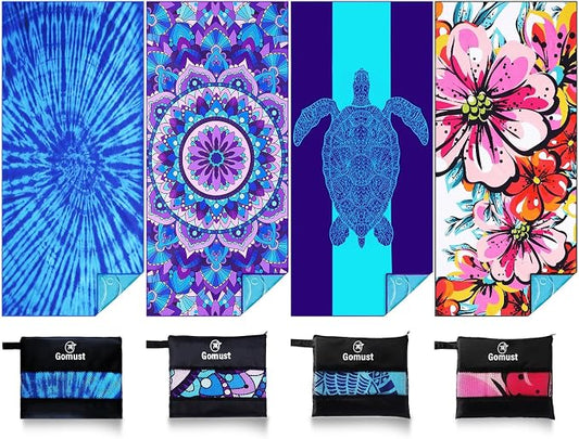 Microfiber Beach Towel Oversized 71x32 Multiple with Bag 4 Pack Bulk | Thin Lightweight Sand Free Absorbent Quick Dry Large for Travel Pool Swim Bath Cruise Sports Camping Essentials Adults Gifts by Gomust