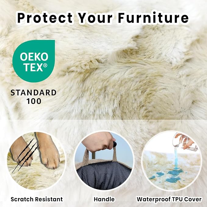 Calming Extra Large Dog Couch Bed, 45 x 37 inch Waterproof Removable Pet Mat Couch Cover for Furniture Protector, Non-Slip Fluffy Pelsbarn Dog Bed for Couch, Sofa, Car - Tie-Dye Khaki - Image 3