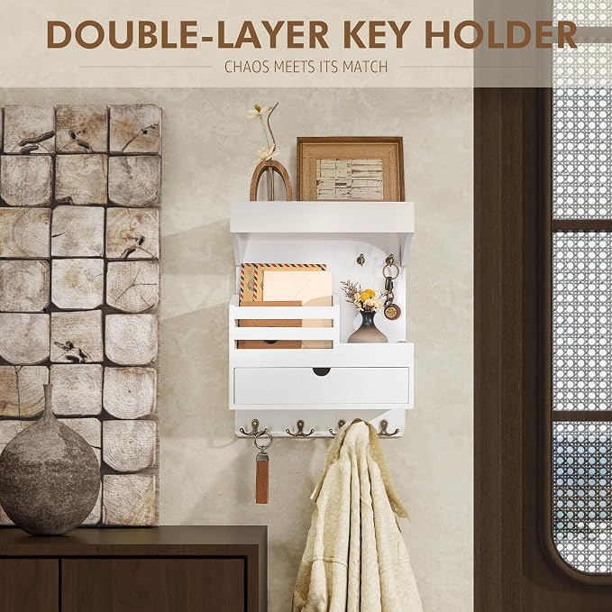Rebee Vision Key Holder Wall Mount with Drawer & Shelf for Entryway, White | Pine Wood, Key Holder for Wall, 6 Sturdy Key Hooks, Wall Shelf, Drawer Organizer, Modern Home Decor, Decorative Storage - Image 3