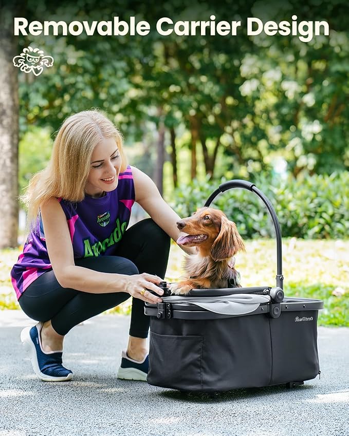 Pet Stroller for Small Dogs and Cats, One-Click Foldable Dog Stroller with Detachable Carrier & 3 Safety Tethers, Holds up to 33 lbs, Storage Basket & Cup Holder, Breathable Mesh, Black