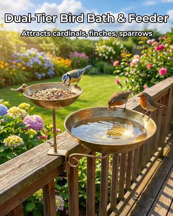 Dual Tier Deck Mounted Bird Bath with Feeder for Railing | Dual Levels for Backyard Bird Watching, Ideal for Cardinals, Finches & Sparrows, Adjustable Clamp Fits Decks, Easy Clean - Image 2