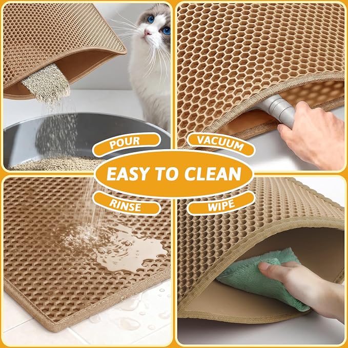 Pieviev Cat Litter Mat Double Layer Waterproof Urine Proof Trapping Mat 1 Pack (30''X24'', Brown) | Honeycomb Design Catches Scattered Particles to Stop Tracking, Urineproof Base Protects Floors, Easy to Clean - Image 6