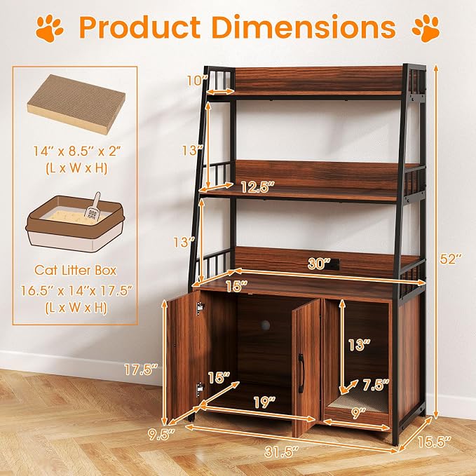 PETSITE Cat Litter Box Enclosure with Storage Shelves, 52 Inches Tall Hidden Litter Box with Charging Station, Scratching Board, and Winding Entry (Walnut) - Image 4