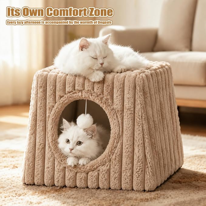 Dogpals Indoor Cat House - Large Cat Cave Bed with Fluffy Balls, Foldable Cat Bed Cave and Apartment with Pads, Suitable for Multiple Small and Large Cats, 18.5x15.4x15.4inches (Khaki, XL) - Image 8