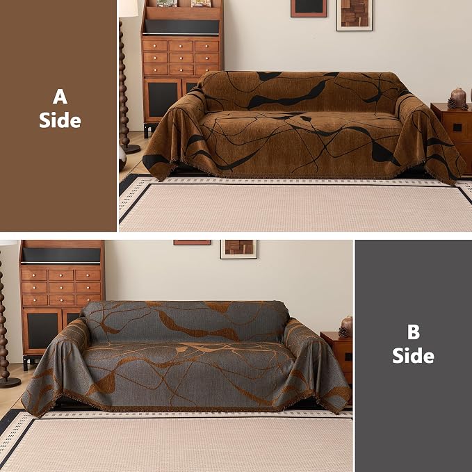MEETSKY Couch Cover Washable for Dogs, Chenille Loveseat Sofa Covers Pet Friendly Marble Patterned Couch Covers Thick Dark Brown Soft Slipcover, 71" x 118" - Image 3