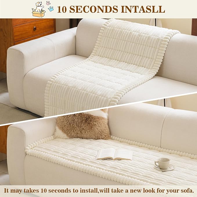 MYSKY HOME Couch Covers for Sofa, L Shaped Couch Cover, Couch Cover for Dogs, Sofa Covers for Pets Washable, Non Slip Sofa Slipcovers, Leather Sofa Cover Loveseat Couch Covers, Cream, 27.6" x 59" - Image 8