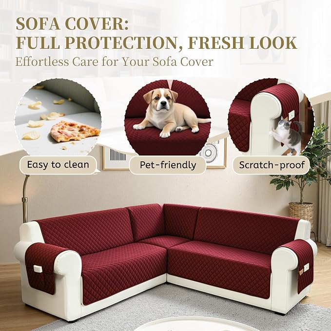 Sectional Couch Covers for Dogs 100% Waterproof Corner L Shaped Sofa Cover Pet Friendly Velvet Washable Anti Slip L Shape Modular Sofa Slipcover Protector with Pockets (Wine Red, Small) - Image 4