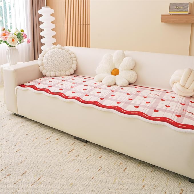 Cmfshape Valentine's Day Velvet Sofa Slipcover-Romantic Heart Pattern,Pet Friendly Couch Covers for 3 Cushion Sofa,Washable Sofa Protector for Holiday,Lover,Anti-Slip,82.7"x27.6" - Image 4