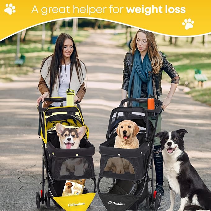 Pet Stroller,Dog Stroller for Small Medium Dogs Cats,3 Wheels,Foldable,with Breathable Mesh Canopy,Cup Holders,Easy Assembly,Yellow
