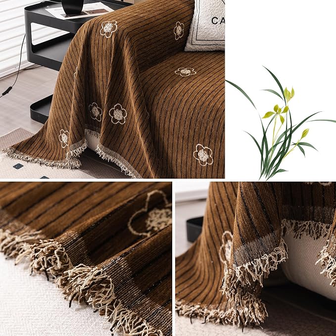 ROOMLIFE Boho Couch Covers Brown for 3 Cushion Sofa, Chenille Couch Cover Sectional Sofa Cover for Dog, Washable Furniture Sofa Protector Cover Soft Blanket with Tassel for Living Room, 71 '' X 150'' - Image 4