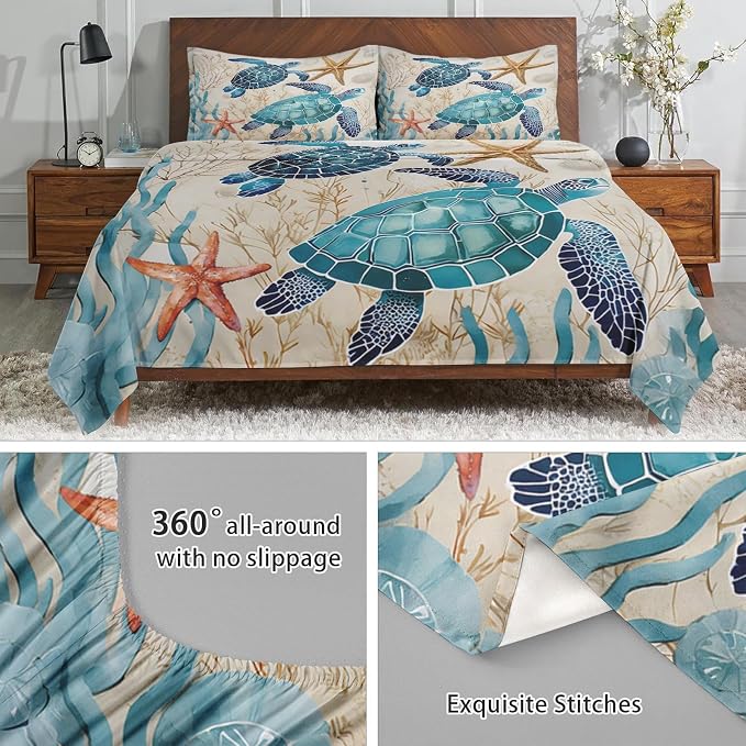 WeCozy Queen Size Bed Sheet Sets with Pillowcases, Ocean Coral Sea Turtle 4 Pcs Soft Microfiber Bedding for Kids and Adults, Blue Shell Animal Flat, Fitted Sheet for Bedroom Bed Decor - Image 5
