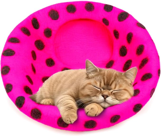 Woolygon Premium Felt Cat Cave Bed – Wool Kitty Beds Handcrafted Kitten Caves Bed for Indoor Cats - Made from Merino Wool, Foldable Cat Hideaway Covered Cat House Pod (Pink Polka) - Image 3