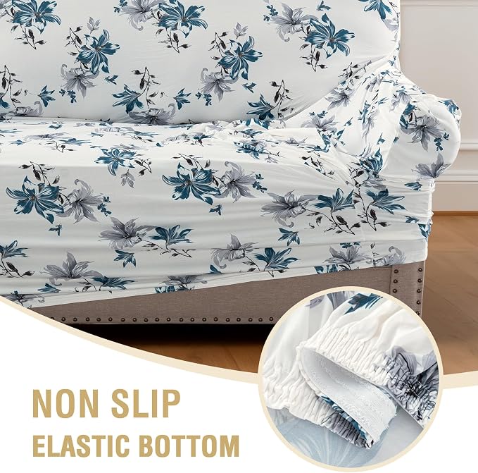 H.VERSAILTEX Floral Pattern Couch Covers for 3 Cushion Couch Sofa High Stretch Couch Cover Printed Pet Sofa Covers for Furniture Super Soft Fabric(Vintage Petal-Blue,Sofa) - Image 7