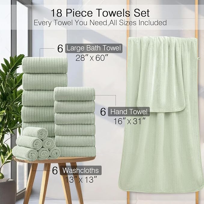 18 Piece Family Bath Towel Set Include 6 Bath Towels,6 Hand Towels and 6 Washcloths Soft Bathroom Towel with Hanging Loops,Highly Absorbent Quick Dry Towels Set for Bathroom,Hotel and Spa-Green - Image 3