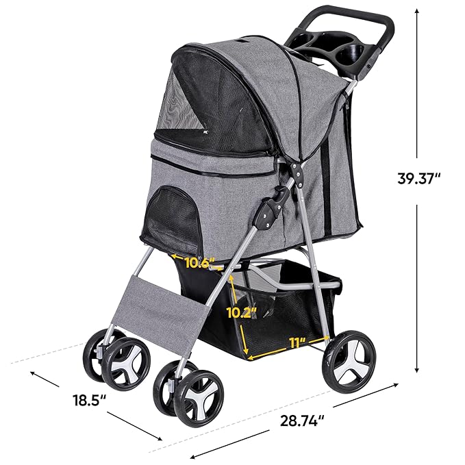 Pet Stroller 4 Wheels Dog Cat Stroller for Small Medium Dog Cats Carrier Jogger Travel Foldable Puppy with Storage Basket and Cup Holder (Grey)