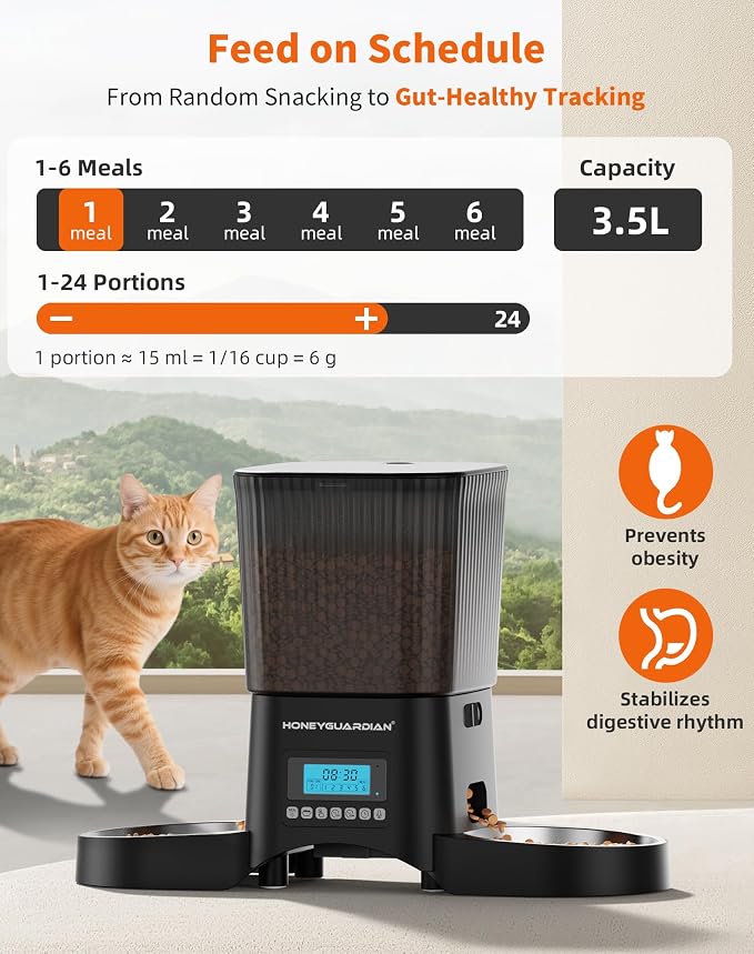 HoneyGuardian Automatic Cat Feeder for 2 Cats, Automatic Cat Food Dispenser, Timed Pet Feeder for Cats and Dogs, Desiccant Bag, Programmable Portion Control,10s Voice Recorder - Image 4