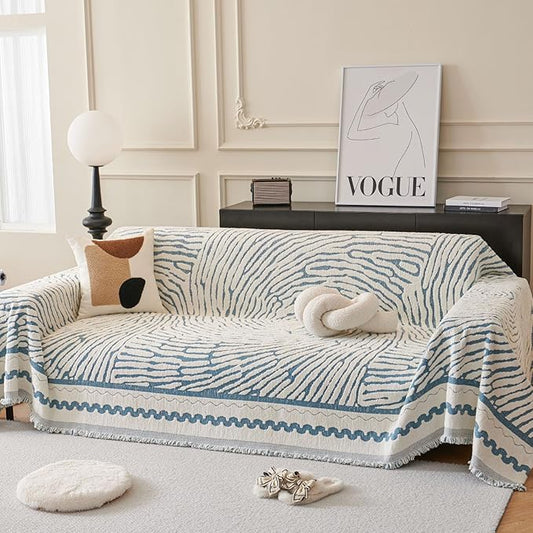 ROOMLIFE Thicked Striped Couch Cover with Tassel Blue Chenille Sofa Cover Blanket for Sectional Sofa, Soft Sofa Slipcovers for L Shaped Love Seat 2-3 Cushion Couch Anti Slip Sofa Protector, 71"x134" by ROOMLIFE