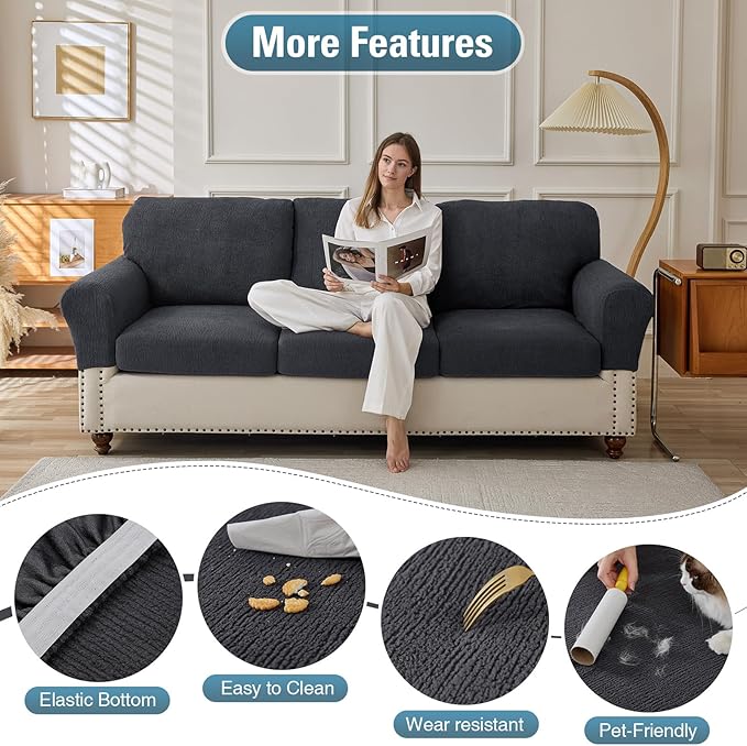 Couch Cushion Covers for Sectional Sofa Stretch Sofa Slipcovers Washable Wear-Resistant Sectional Couch Covers L Shaped Seats Furniture Protectors for Pets(Dark Grey, 2 Seater + 1 Chaise) - Image 3