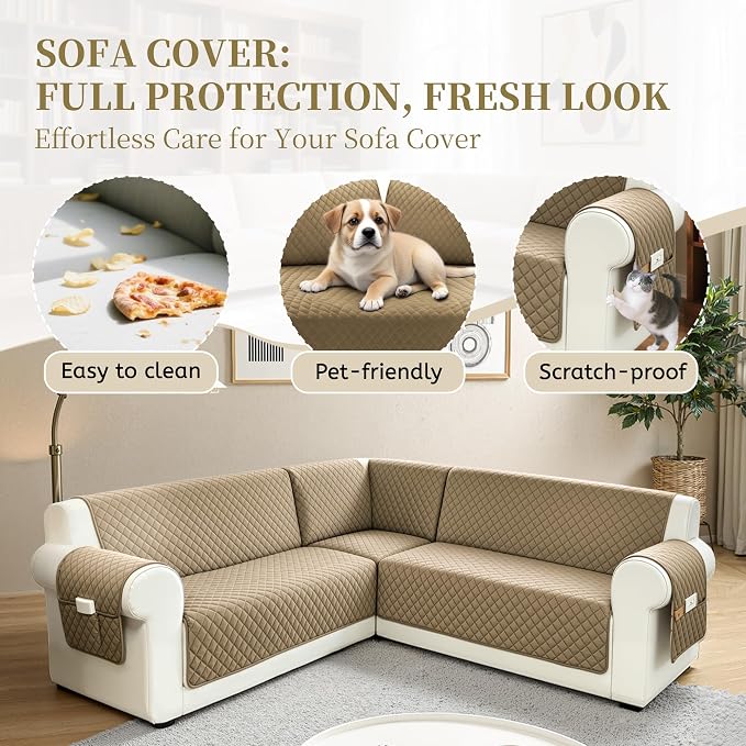 Sectional Couch Covers for Dogs 100% Waterproof Corner L Shaped Sofa Cover Pet Friendly Velvet Washable Anti Slip L Shape Modular Sofa Slipcover Protector with Pockets (Camel, XX-Large) - Image 7