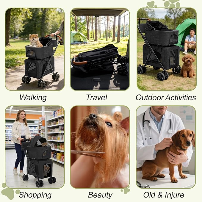 Pet Stroller for Dogs and Cats, 4 in 1 Cat Strollers for 2 Cats, Foldable Dog Stroller for Medium Dogs 20 lbs with Cup Holder and Storage Bag, Suitable for All-Terrain, Dog Gifts