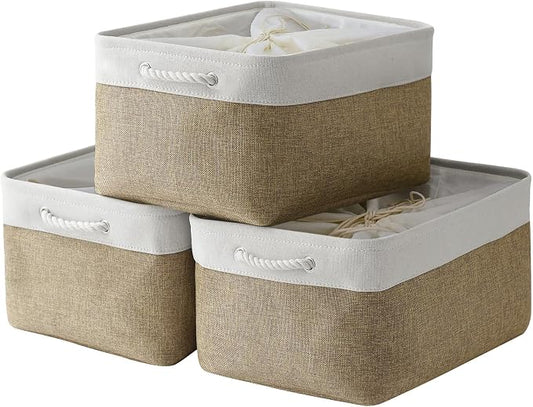 TheWarmHome Organization and Storage Basket for Organizing - X Large - 3 Pack 17.7L×13.8W×9.8H in Collapsible Storage Bin for Shelves, Fabric Basket for Gifts Organizer Toy Closet (White & Khaki) by TheWarmHome