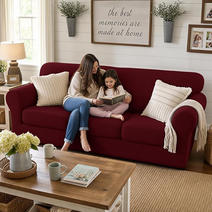 XINEAGE 2026 New 3 Pieces Couch Covers for 2 Extra Large Cushion Sofa Super Stretch Sofa Cover for 2 Large Seat Universal Loveseat Slip Cover for Living Room (Wine Red), 71"-91"(2 Cushions) - Image 3