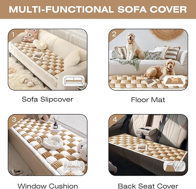 Fuzzy Couch Cover for Dog, Modern White Khaki Checkered Couch Cushion Cover | Non Slip Couch Cover for 2 Cushion Couch Sofa Pet Friendly, Washable Sofa Cover Durable Anti-pilling Furniture Protector - Image 7