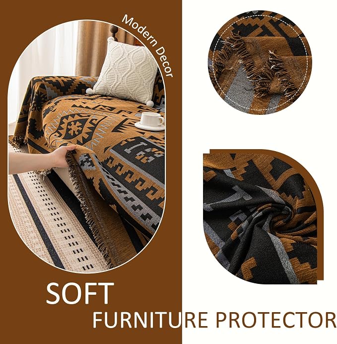 VClife Boho Couch Cover, Aztec Sofa Cover for Dog, Non Slip Washable Couch Covers for 2 Cushion Couch Sofa, Reversible Triangle Geometric Loveseat Cover Furniture Protector (Black-Pumpkin, 71" x 118") - Image 6