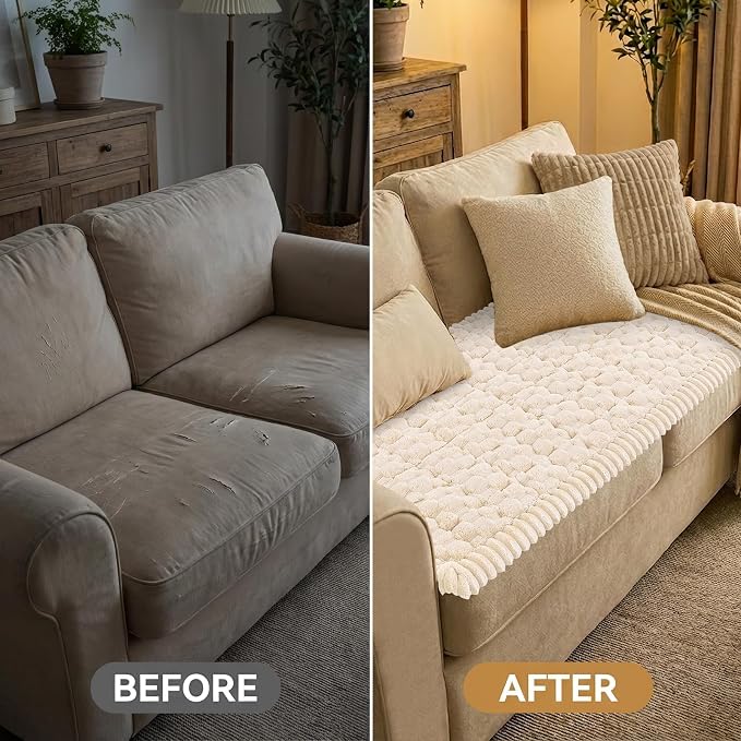 Smiry Non Slip Couch Covers for Dogs, Scratch Resistant Pet Sofa Protector | Machine Washable Soft Fuzzy Thick Furniture Cover for Sofa Loveseat Sectional Large Dogs, Cream, 27.6" x 95" - Image 7