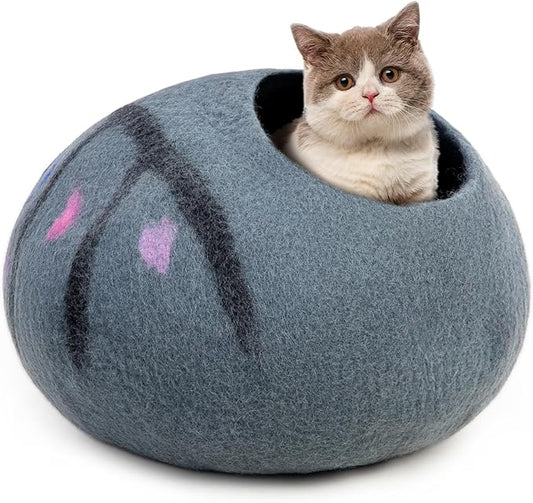 Woolygon Premium Felt Cat Cave Bed – Wool Kitty Beds Handcrafted Kitten Caves Bed for Indoor Cats - Made from Merino Wool, Foldable Cat Hideaway Covered Cat House Pod (Enchanted) by Woolygon