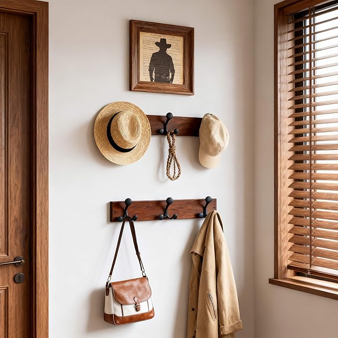 SKOLOO 17-Inch Wood Coat Rack Wall Mount with 3 Triple Hooks - Ideal for Family Entrances, Classrooms, and Pet Supplies Storage - Perfect Coat Hooks for Wall,Mahogany (Sapele) - Image 2