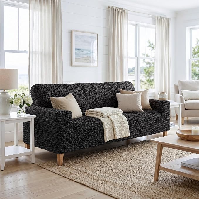 PAULTO BY GA.I.CO. Stretch Sofa Slipcovers – Soft Elastic Fabric Couch Cover for Armchair Loveseat 3-Seater & 4-Seater Sofa Cover – Non-Slip Furniture Protector Washable - Black (64"-85" Wide) - Image 2