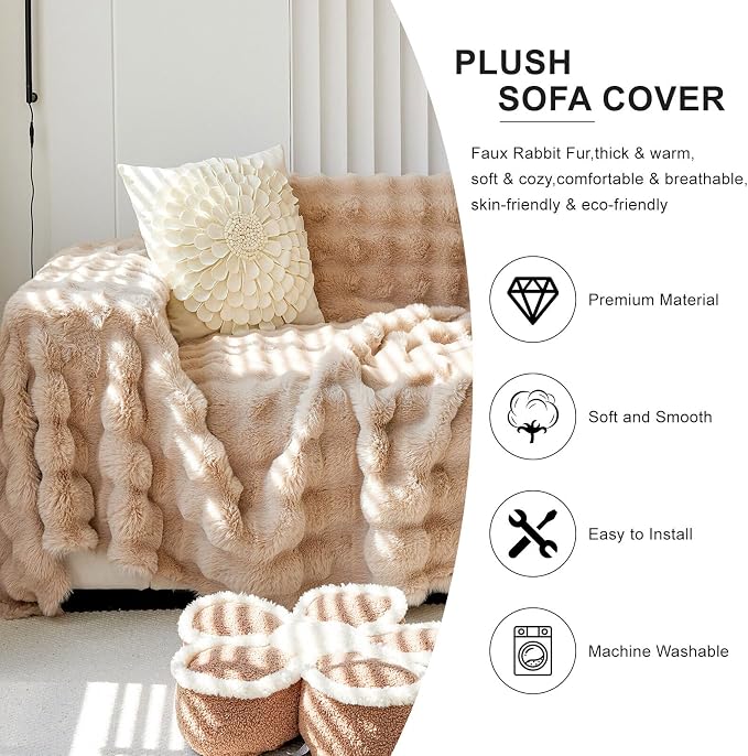 Soft Warm Light Tan Plush Sofa Cover Premium Faux Fur Couch Cover | Solid Non Slip Fluffy Sofa Slipcovers Washable Furniture Protector for Kids, Dogs, L Shaped Sofas, Large, 71''x118'' - Image 3