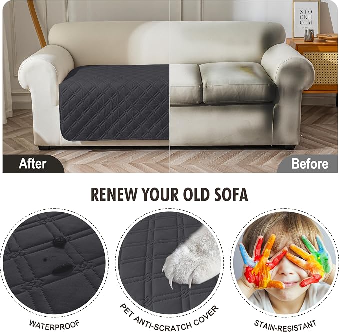 Genina Waterproof Couch Cover, Washable Anti-Slip 86.6 inch Sofa Covers with 4 Cushions, Sectional Couch Covers for Pets Friendly, Sofa Slipcovers for Dogs Cats, (86inch/Charcoal Grey) - Image 4