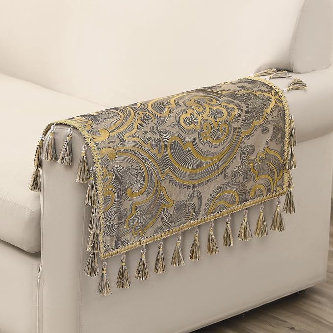 Loom and Mill Luxury Jacquard Sofa Arm Covers 2 PCS, Taupe Gold, 20x24in | European Antique Couch Armrest Cover with Tassels, Non-Slip Furniture Protector for Chair Sofa Recliners Couch Dogs Pets - Image 5