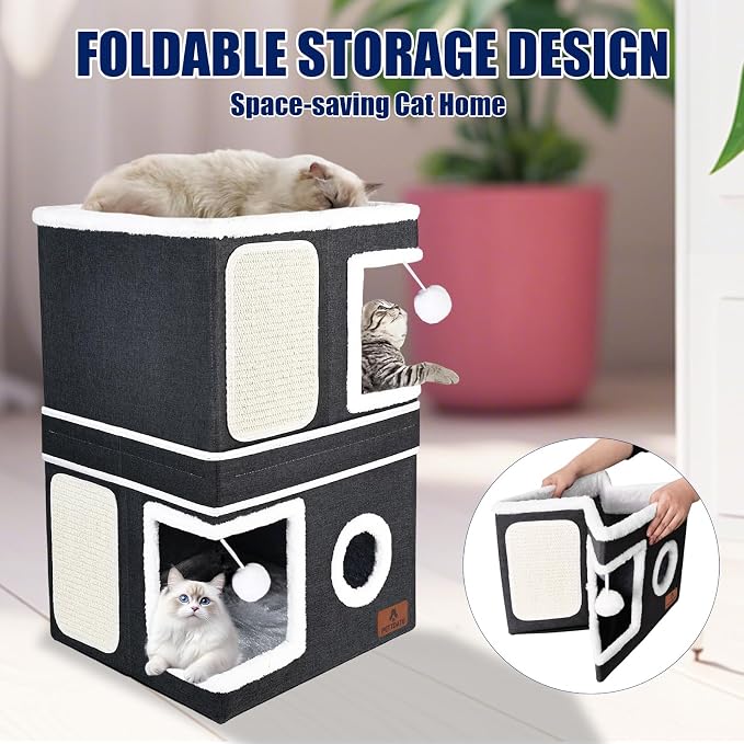 2-Story Cat House for Indoor Cats, Dual-Purpose Cat Cave Bed with Scratch Pad and Fluffy Ball, Foldable Cat Hideaway, Cute Cat Condo Furniture for Multi Small Pet Kitten, Dark Grey - Image 7