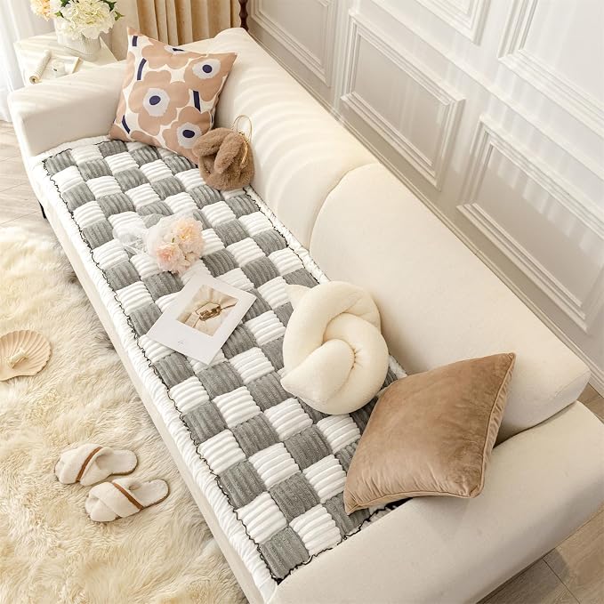 Fuzzy Couch Cover for Dog, Modern White Grey Checkered Couch Cushion Cover | Non Slip Couch Cover for 2 Cushion Couch Sofa Pet Friendly, Washable Sofa Cover Durable Anti-pilling Furniture Protector by VCLIFE