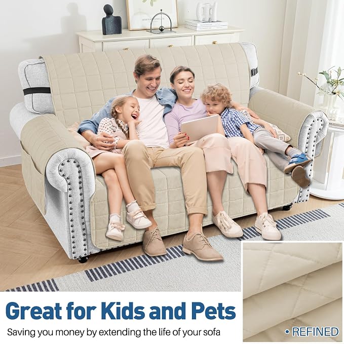 MAXIJIN Waterproof Love Seat Couch Covers 2 Cushion Sofa, 49" Quilted Loveseat Cover Slipcovers for Pets Dog Couch Cover Protector with Elastic Strap & Side Pocket (Loveseat, Beige) - Image 4