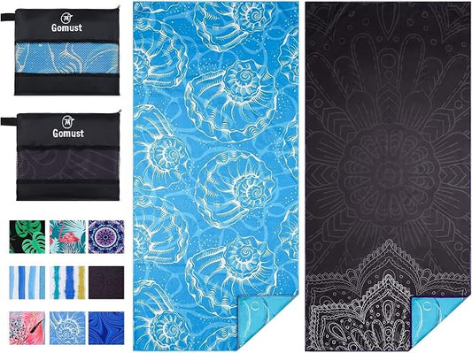 Microfiber Beach Towel Oversized 71x32 Blue Black with Bag 2 Pack | Thin Lightweight Sand Free Absorbent Quick Dry Compact Large for Adult Travel Camping Pool Swim Bath Cruise Essentials Gift by Gomust