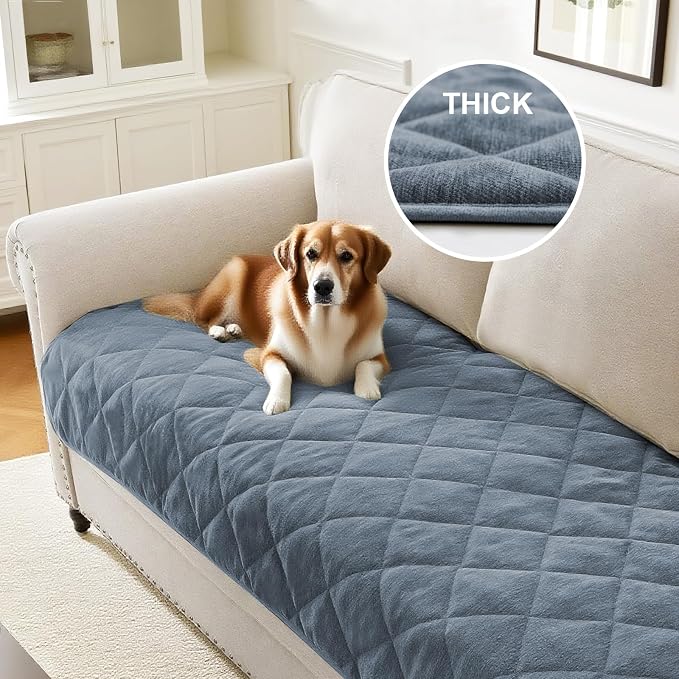 Couch Covers for Dogs Chenille Sofa Covers for 2 Cushion Washable Quilted Checkered Fuzzy Pet Couch Cover Soft Couch Protector Non-Slip Sofa Pads for Puppy Cat Kids(34.5" x 60", Stone Blue) - Image 2