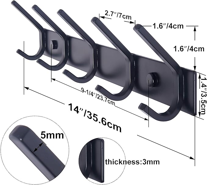 WEBI Coat Rack Wall Mounted,5 Coat Hooks for Hanging Coats,Heavy Duty Metal Double Hook Rack Hook Rail Coat Hanger Wall Mount for Clothes Entryway Jacket,Black,2 Packs - Image 2