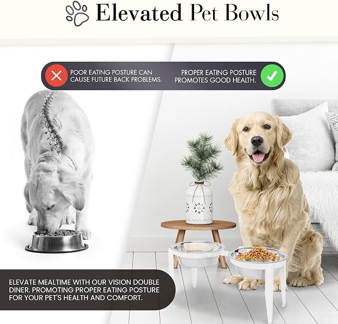 NMN Designs Vision Elevated Double Diner - 10" White - Metal Dog Bowl Stand for Large and XL Dogs, Raised Feeder Station, Wrought Iron, Outdoor/Indoor Pet Bowl, Best for Tall Dogs, Dog Feeding Station - Image 3
